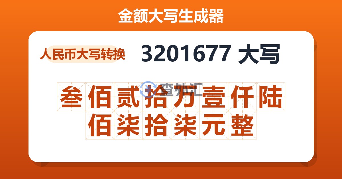 3201677大写 叁佰贰拾万壹仟陆佰柒拾柒元整