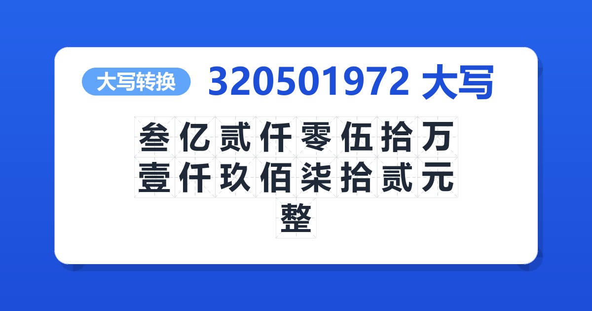 320501972大写 叁亿贰仟零伍拾万壹仟玖佰柒拾贰元整