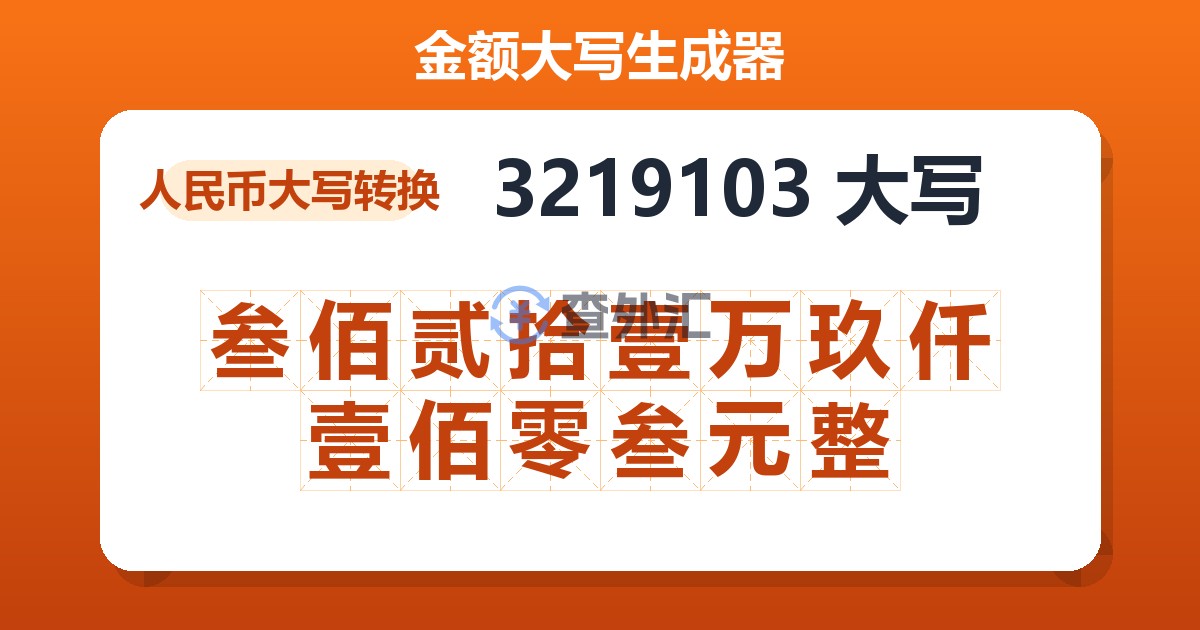 3219103大写 叁佰贰拾壹万玖仟壹佰零叁元整