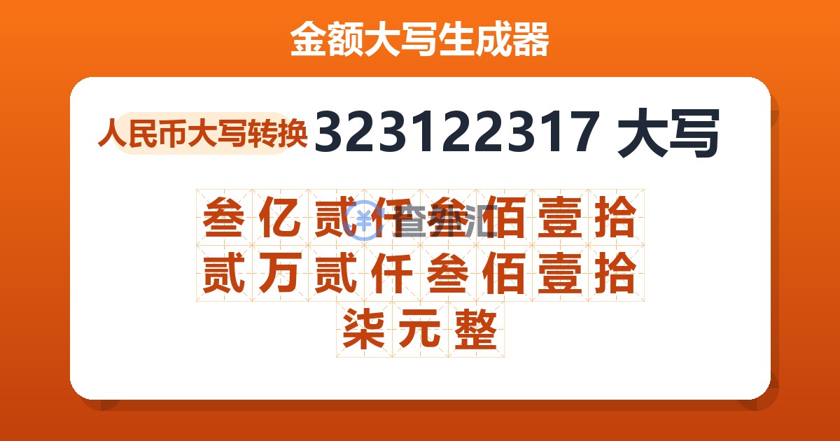 323122317大写 叁亿贰仟叁佰壹拾贰万贰仟叁佰壹拾柒元整