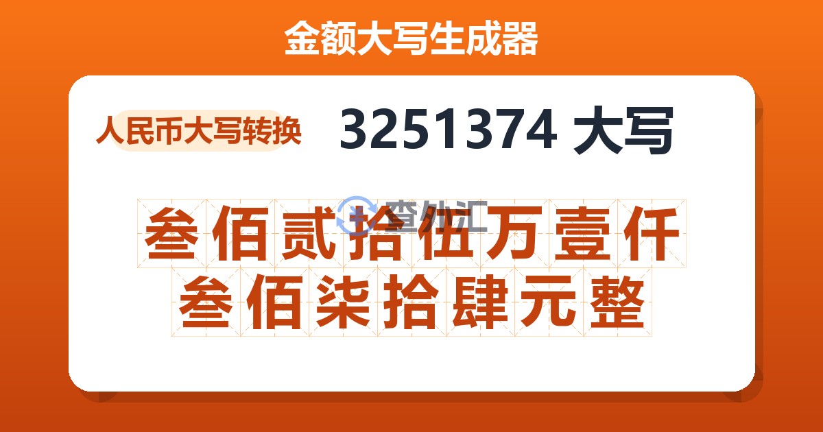 3251374大写 叁佰贰拾伍万壹仟叁佰柒拾肆元整