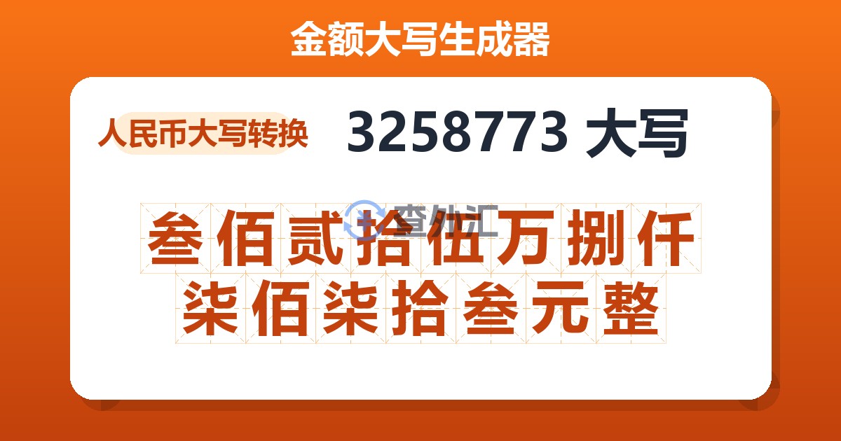 3258773大写 叁佰贰拾伍万捌仟柒佰柒拾叁元整