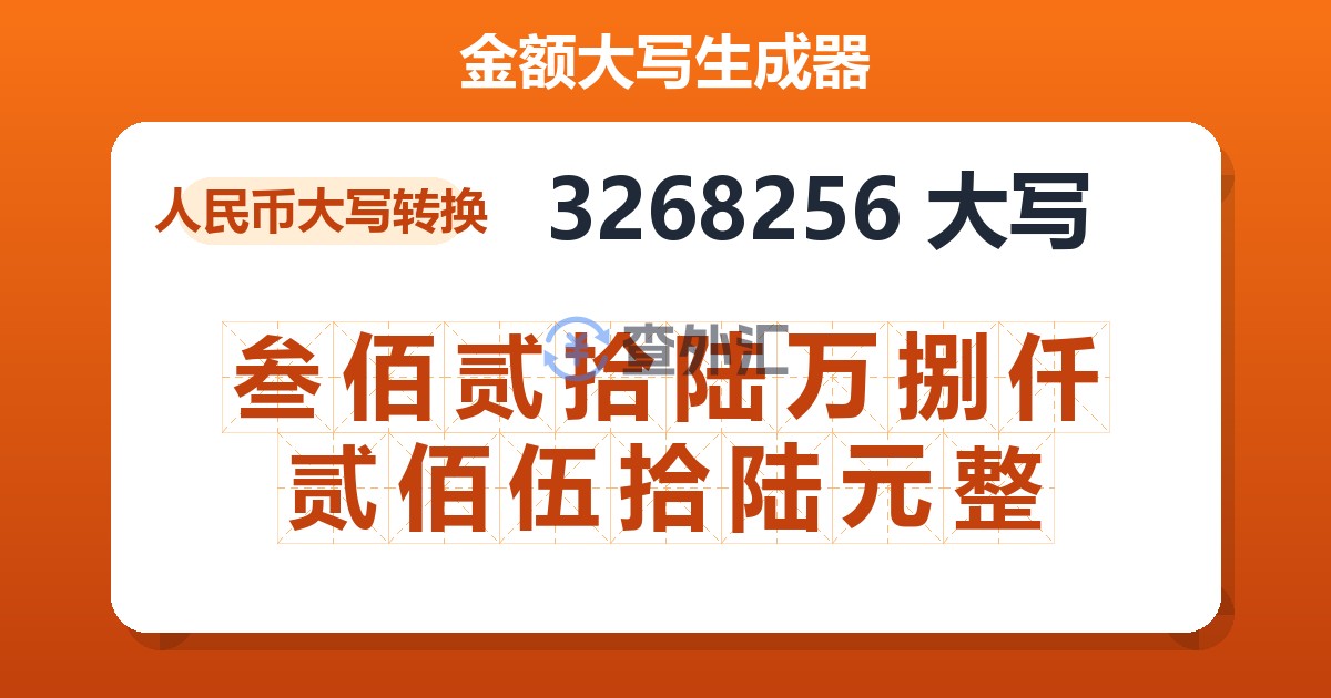 3268256大写 叁佰贰拾陆万捌仟贰佰伍拾陆元整