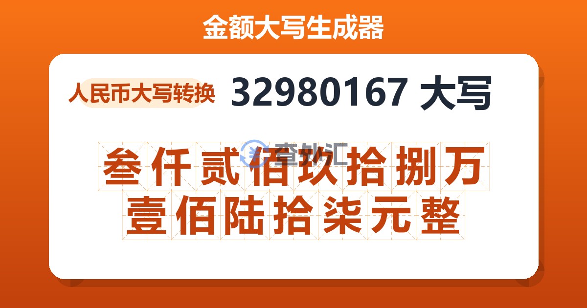 32980167大写 叁仟贰佰玖拾捌万壹佰陆拾柒元整