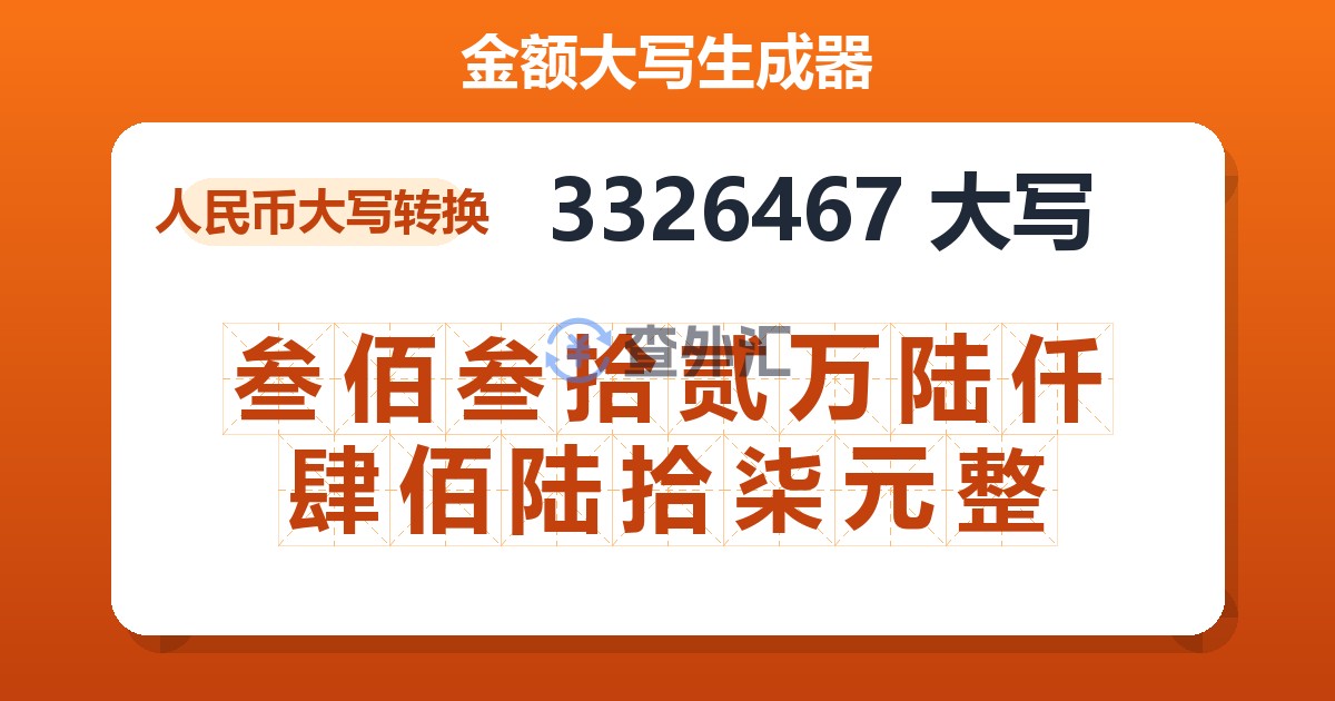 3326467大写 叁佰叁拾贰万陆仟肆佰陆拾柒元整