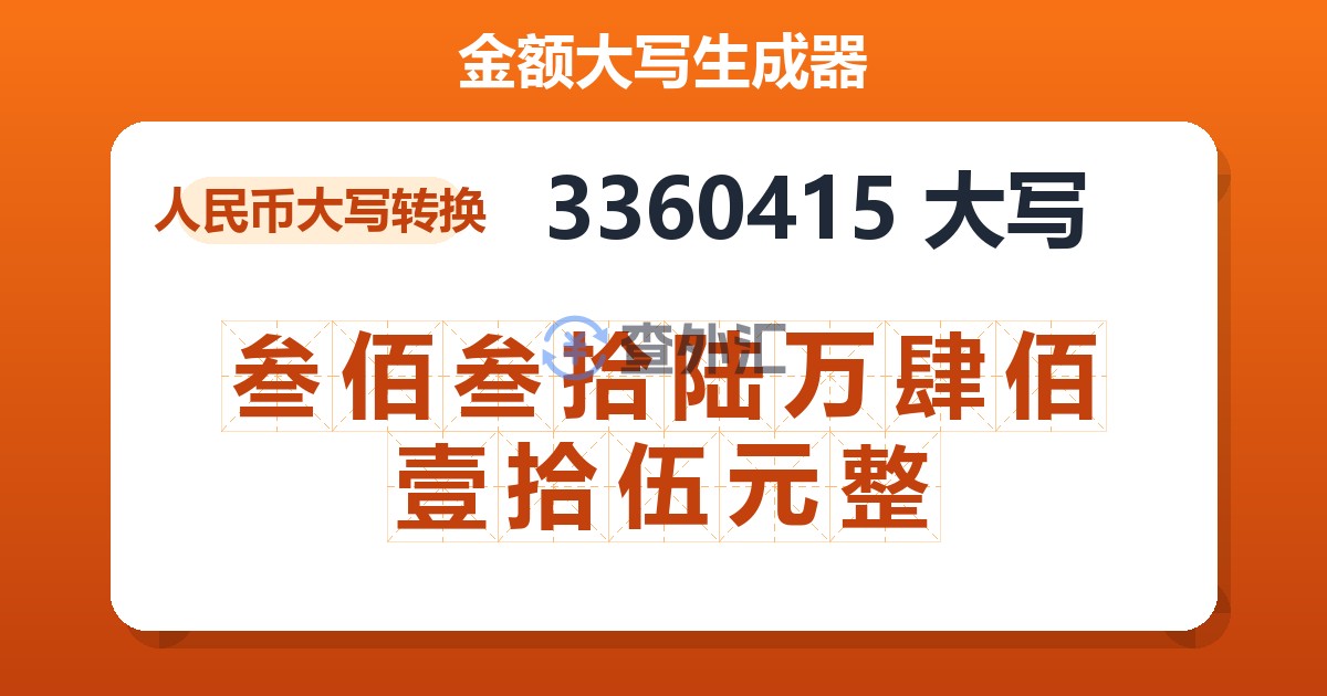 3360415大写 叁佰叁拾陆万肆佰壹拾伍元整