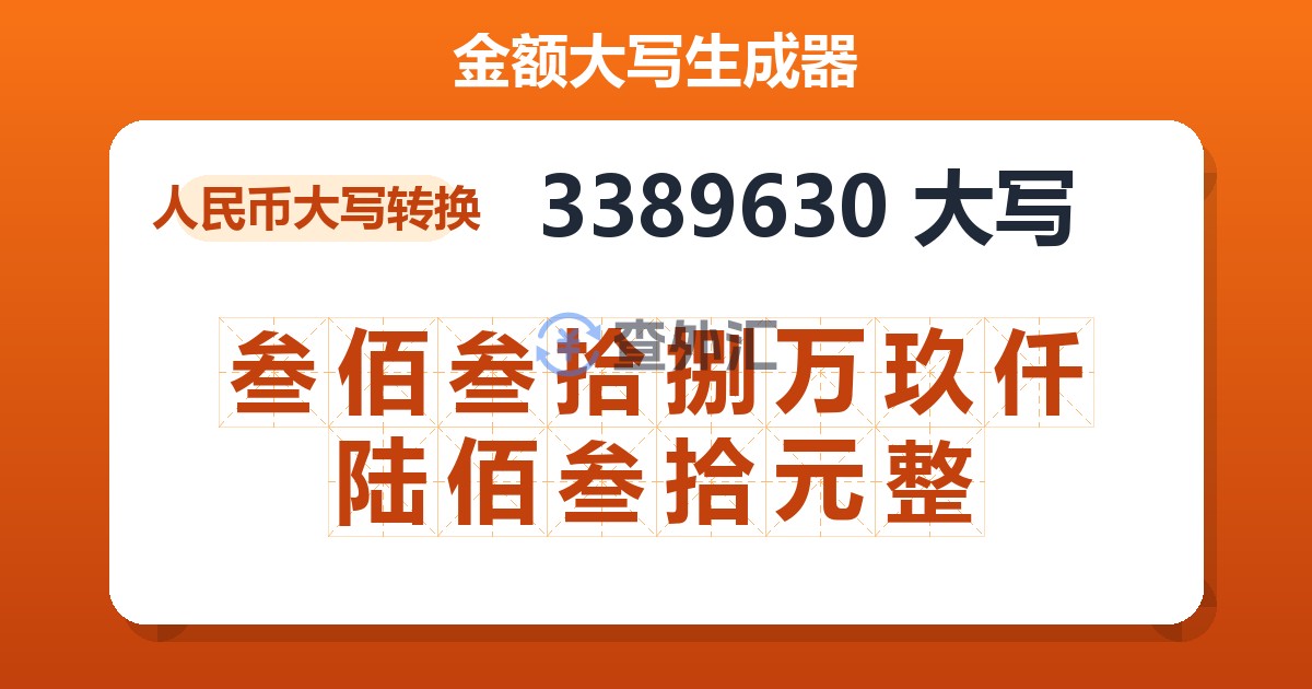 3389630大写 叁佰叁拾捌万玖仟陆佰叁拾元整