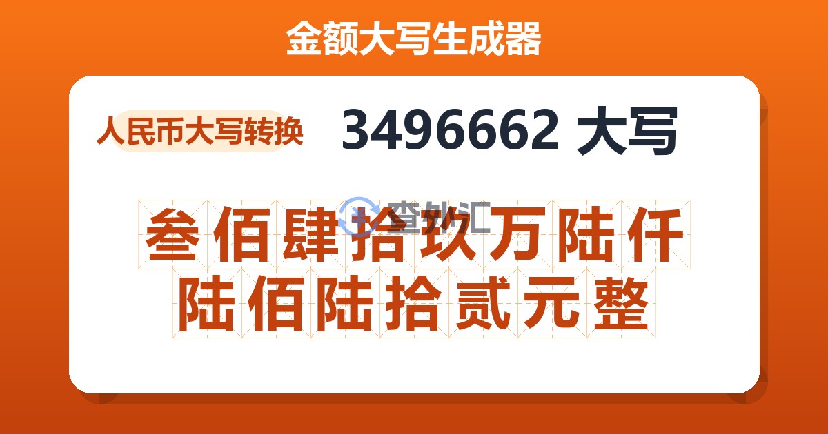 3496662大写 叁佰肆拾玖万陆仟陆佰陆拾贰元整