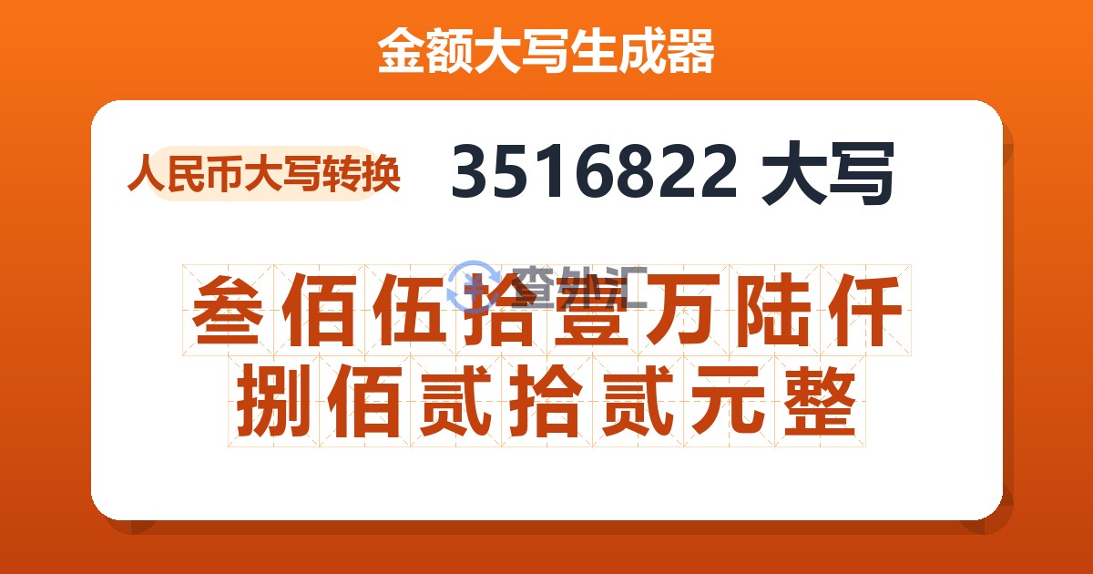3516822大写 叁佰伍拾壹万陆仟捌佰贰拾贰元整