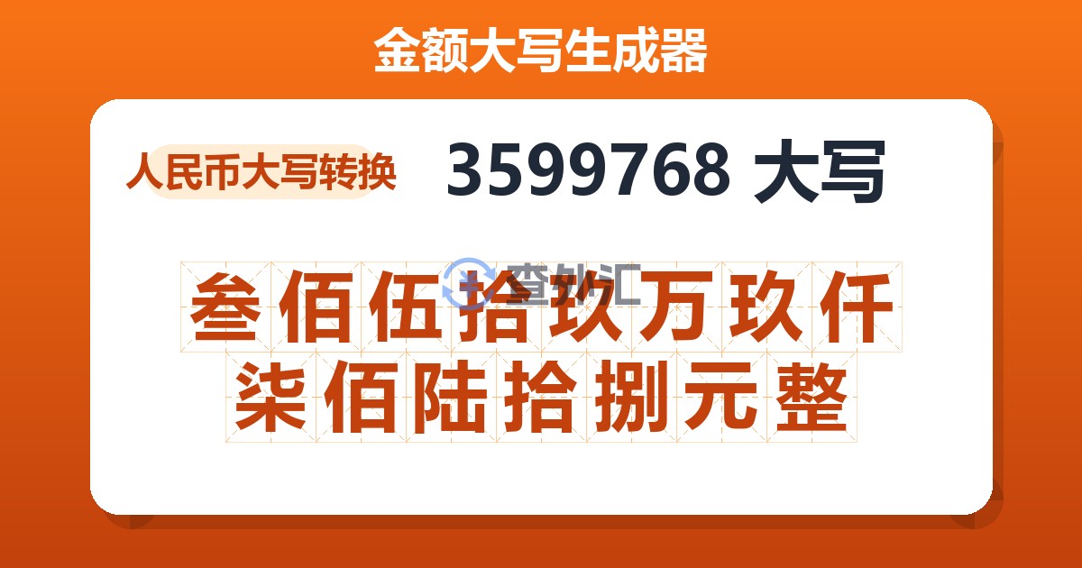 3599768大写 叁佰伍拾玖万玖仟柒佰陆拾捌元整
