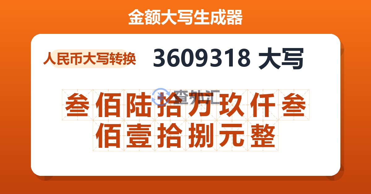 3609318大写 叁佰陆拾万玖仟叁佰壹拾捌元整
