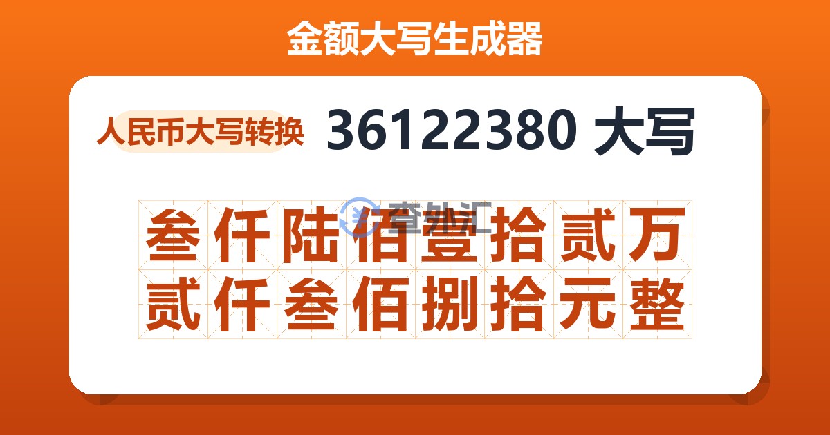 36122380大写 叁仟陆佰壹拾贰万贰仟叁佰捌拾元整