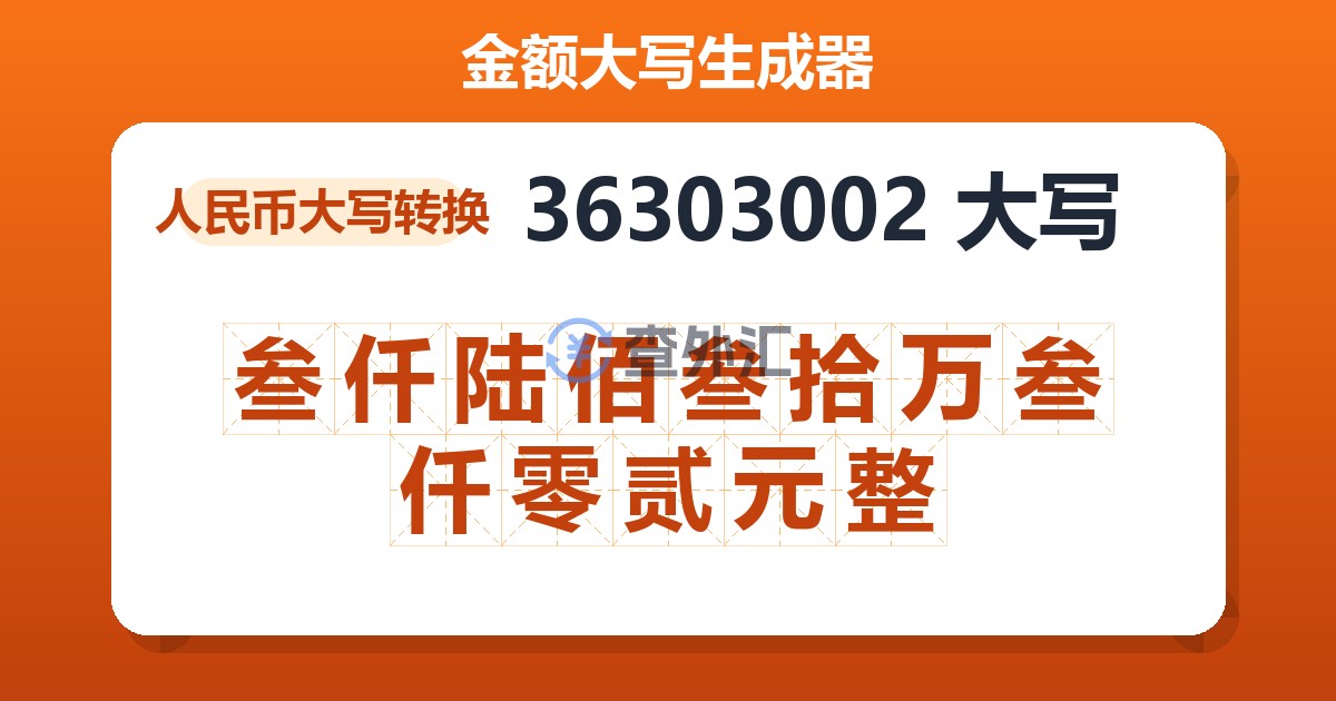 36303002大写 叁仟陆佰叁拾万叁仟零贰元整