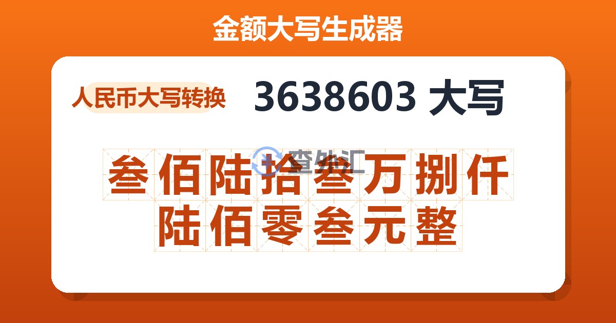 3638603大写 叁佰陆拾叁万捌仟陆佰零叁元整