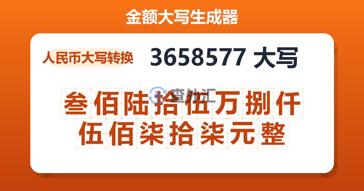 3658577大写 叁佰陆拾伍万捌仟伍佰柒拾柒元整