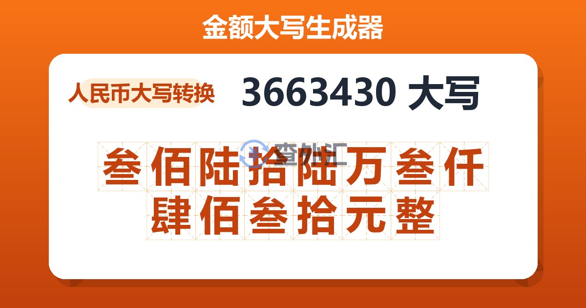 3663430大写 叁佰陆拾陆万叁仟肆佰叁拾元整