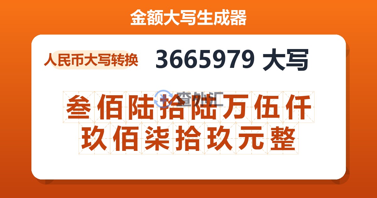 3665979大写 叁佰陆拾陆万伍仟玖佰柒拾玖元整