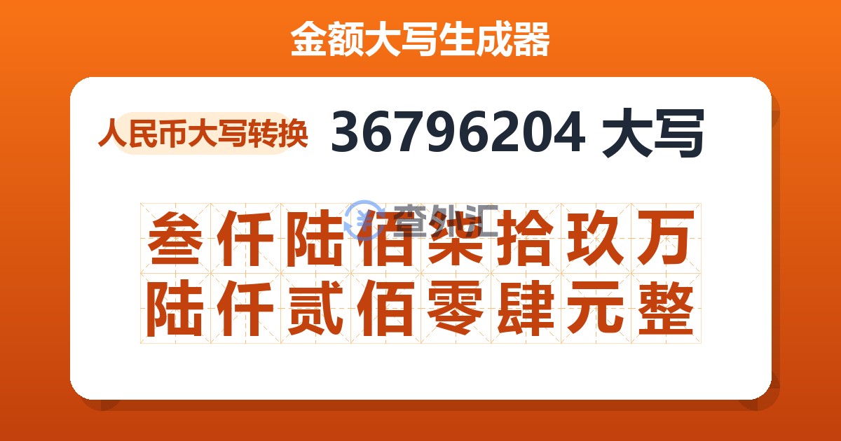 36796204大写 叁仟陆佰柒拾玖万陆仟贰佰零肆元整