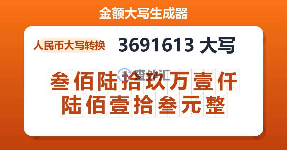 3691613大写 叁佰陆拾玖万壹仟陆佰壹拾叁元整