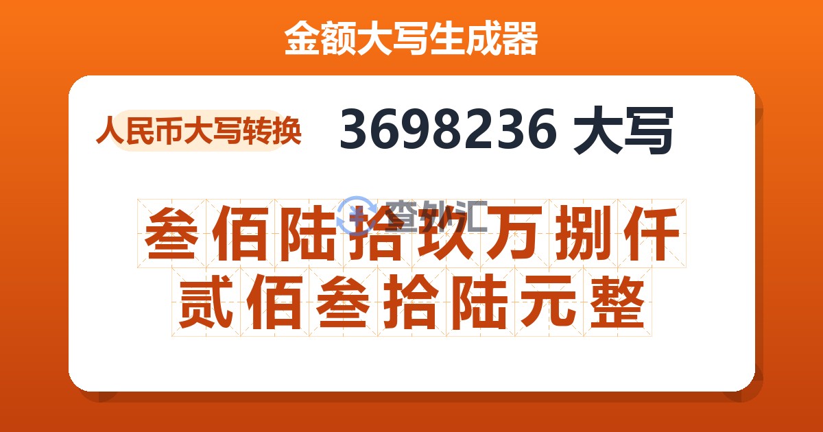 3698236大写 叁佰陆拾玖万捌仟贰佰叁拾陆元整