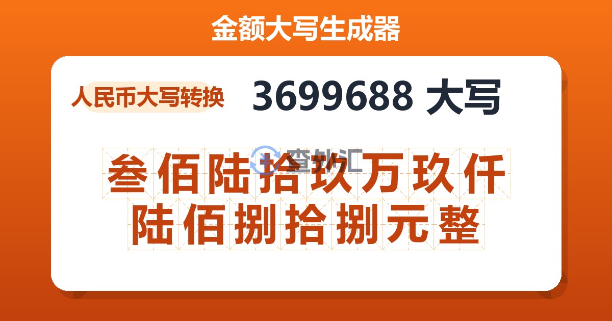 3699688大写 叁佰陆拾玖万玖仟陆佰捌拾捌元整
