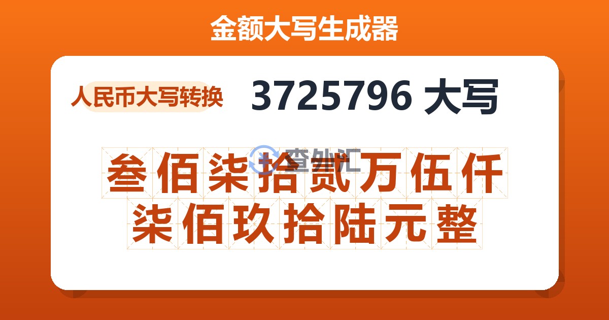 3725796大写 叁佰柒拾贰万伍仟柒佰玖拾陆元整