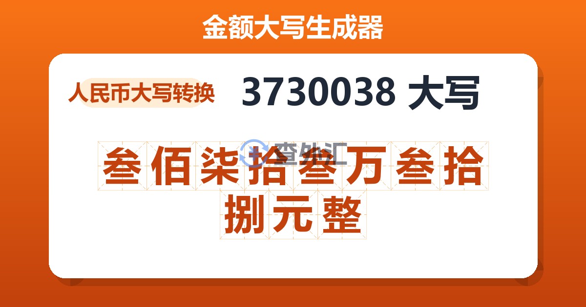 3730038大写 叁佰柒拾叁万叁拾捌元整