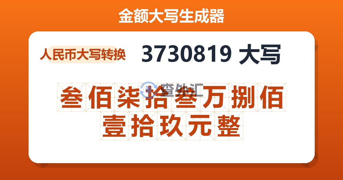 3730819大写 叁佰柒拾叁万捌佰壹拾玖元整