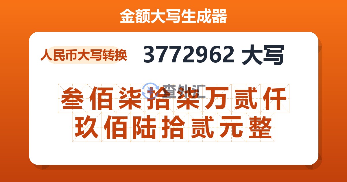 3772962大写 叁佰柒拾柒万贰仟玖佰陆拾贰元整