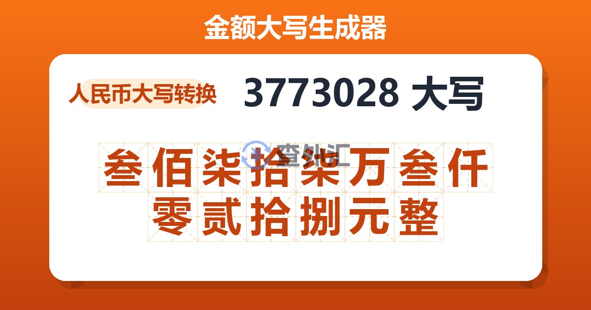 3773028大写 叁佰柒拾柒万叁仟零贰拾捌元整
