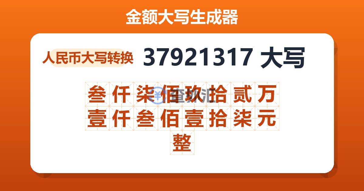 37921317大写 叁仟柒佰玖拾贰万壹仟叁佰壹拾柒元整