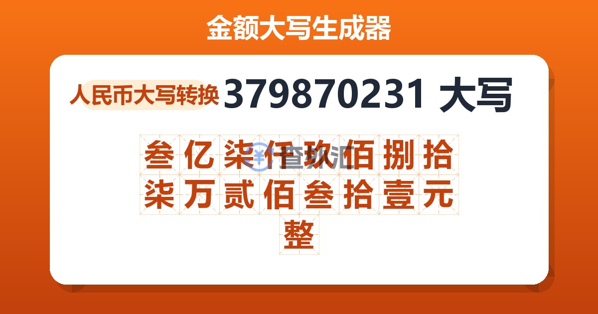 379870231大写 叁亿柒仟玖佰捌拾柒万贰佰叁拾壹元整