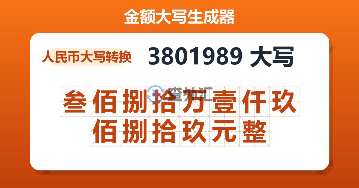 3801989大写 叁佰捌拾万壹仟玖佰捌拾玖元整