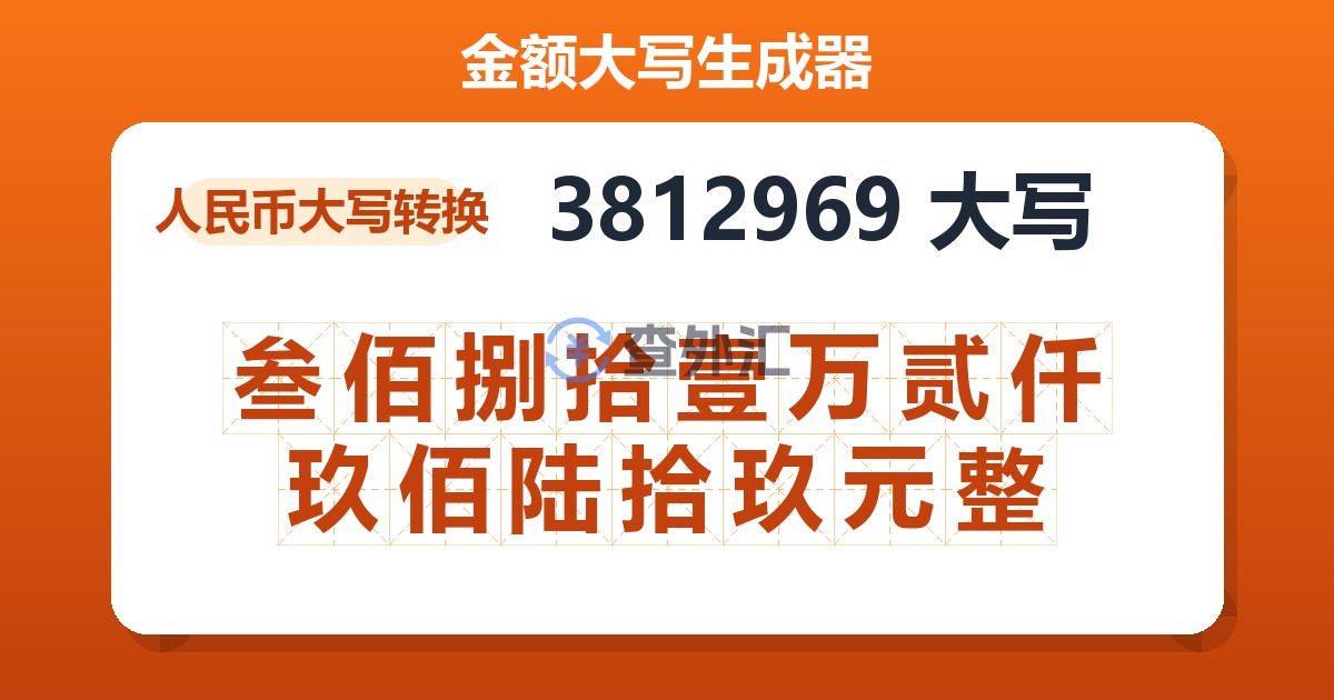 3812969大写 叁佰捌拾壹万贰仟玖佰陆拾玖元整