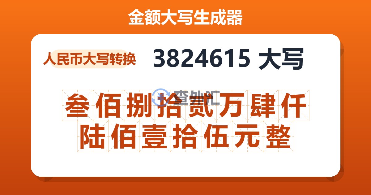 3824615大写 叁佰捌拾贰万肆仟陆佰壹拾伍元整