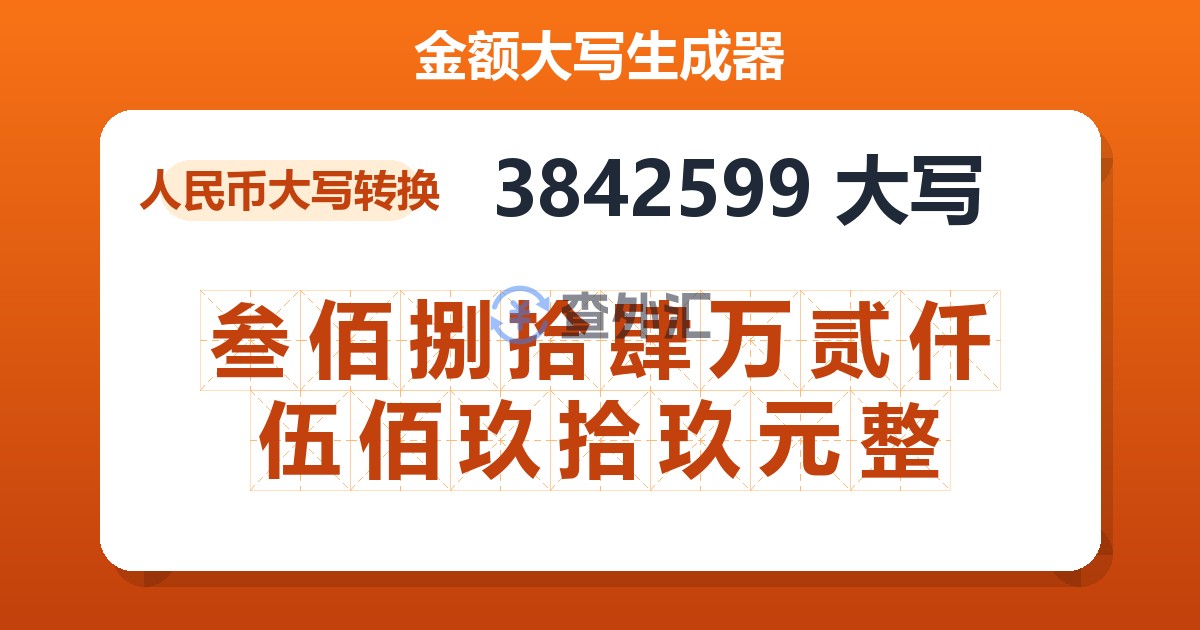 3842599大写 叁佰捌拾肆万贰仟伍佰玖拾玖元整