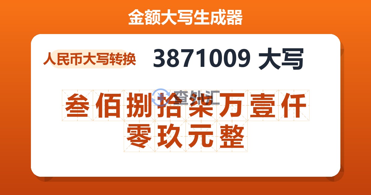 3871009大写 叁佰捌拾柒万壹仟零玖元整