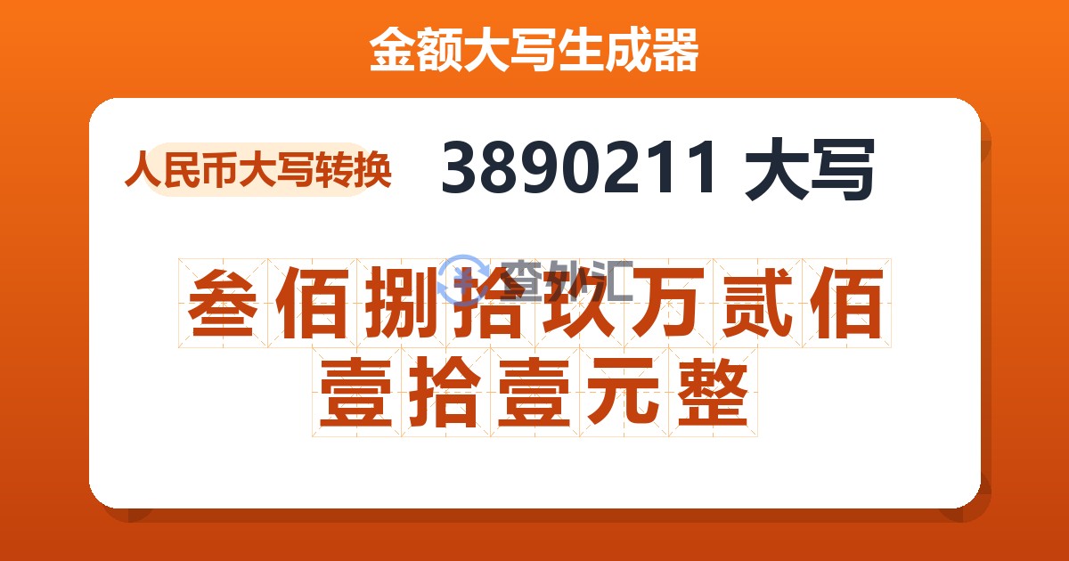 3890211大写 叁佰捌拾玖万贰佰壹拾壹元整