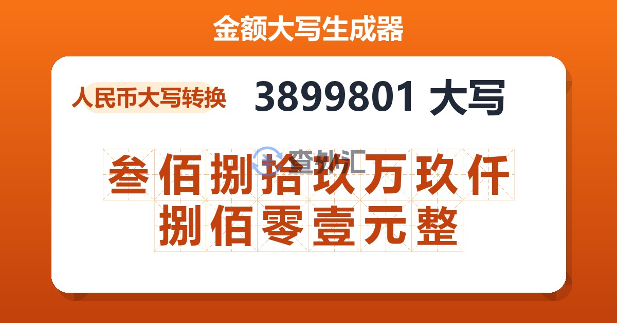 3899801大写 叁佰捌拾玖万玖仟捌佰零壹元整