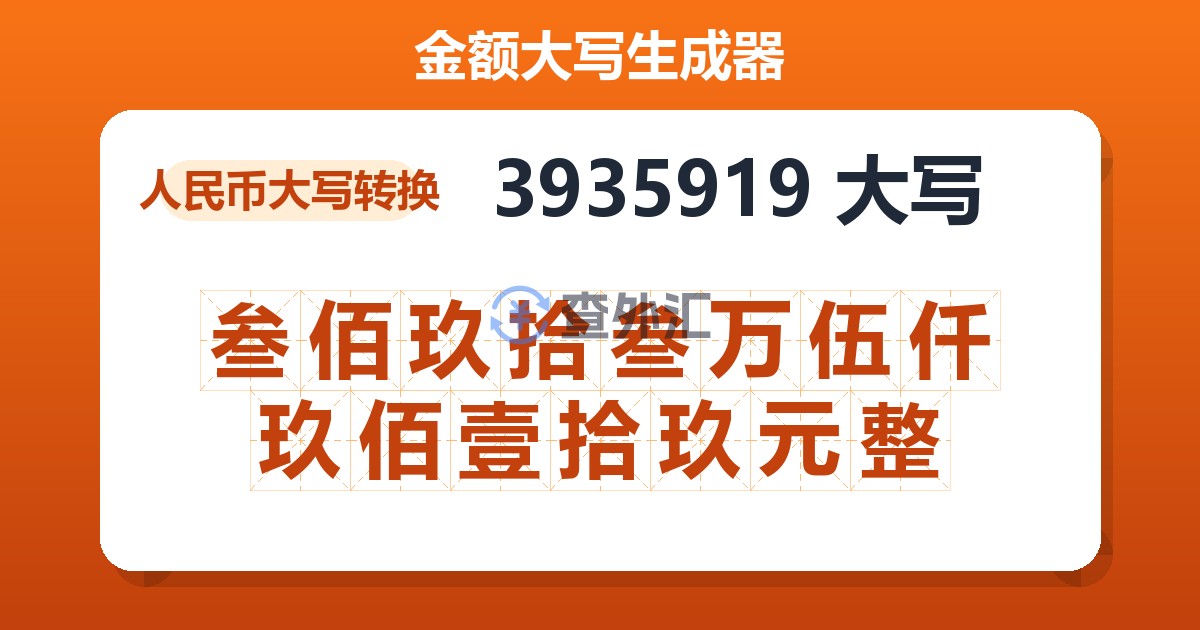 3935919大写 叁佰玖拾叁万伍仟玖佰壹拾玖元整