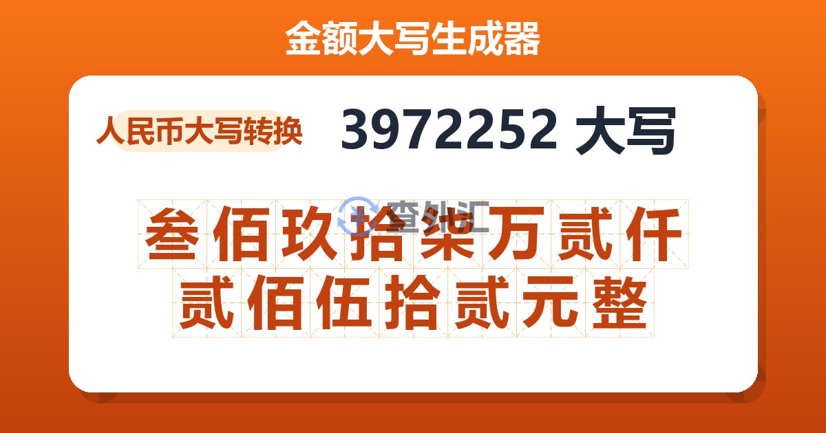 3972252大写 叁佰玖拾柒万贰仟贰佰伍拾贰元整