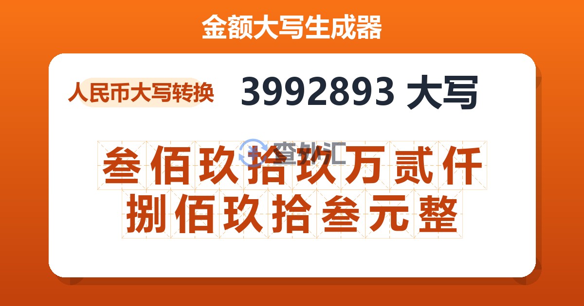 3992893大写 叁佰玖拾玖万贰仟捌佰玖拾叁元整