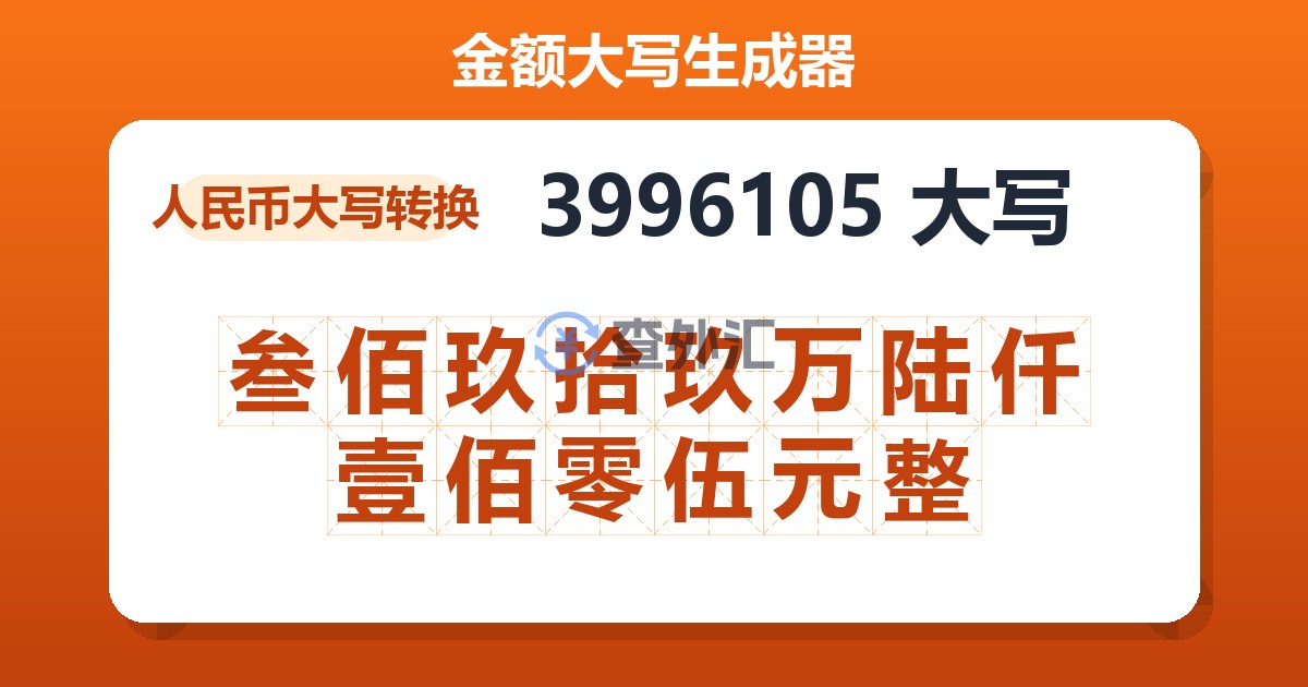3996105大写 叁佰玖拾玖万陆仟壹佰零伍元整