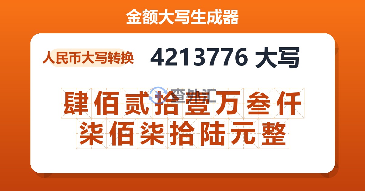 4213776大写 肆佰贰拾壹万叁仟柒佰柒拾陆元整