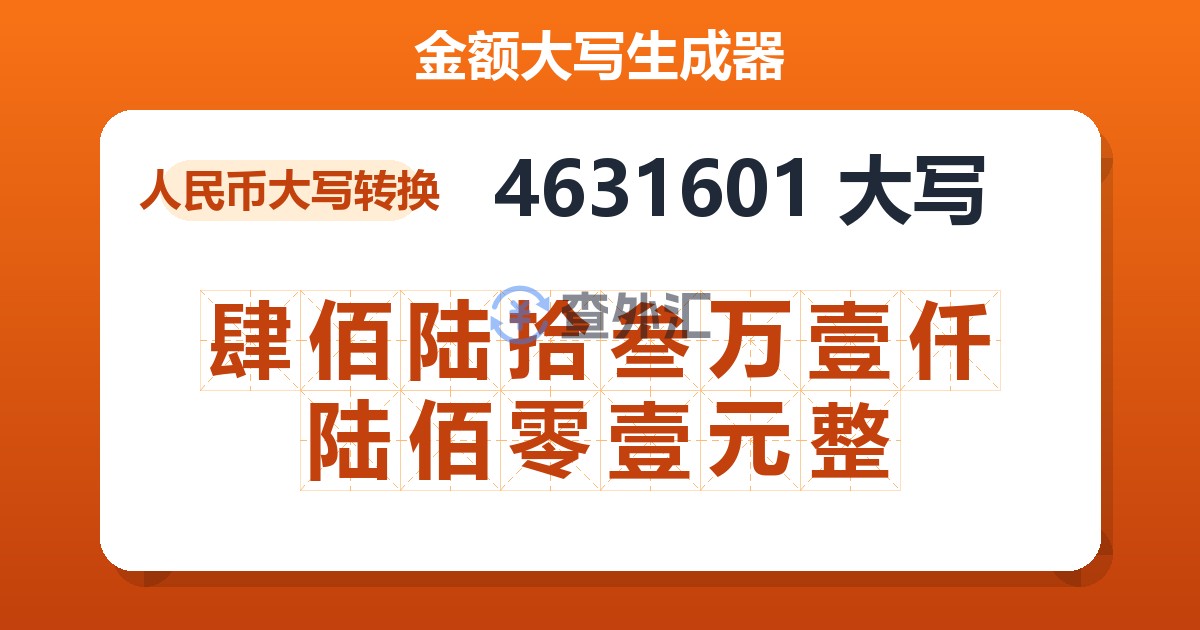 4631601大写 肆佰陆拾叁万壹仟陆佰零壹元整