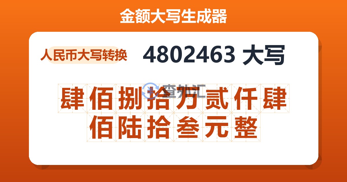 4802463大写 肆佰捌拾万贰仟肆佰陆拾叁元整