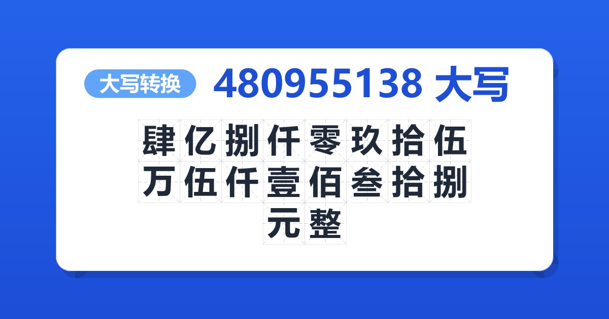 480955138大写 肆亿捌仟零玖拾伍万伍仟壹佰叁拾捌元整