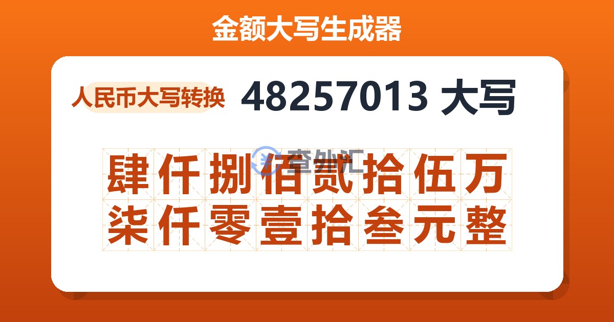 48257013大写 肆仟捌佰贰拾伍万柒仟零壹拾叁元整