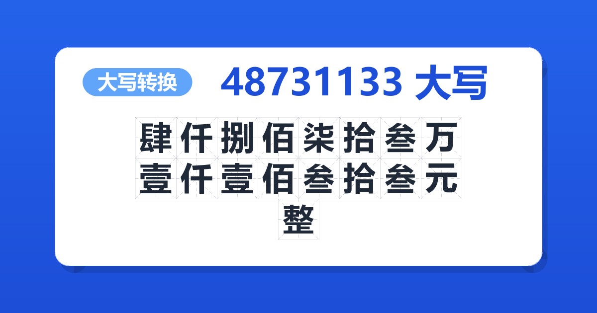 48731133大写 肆仟捌佰柒拾叁万壹仟壹佰叁拾叁元整
