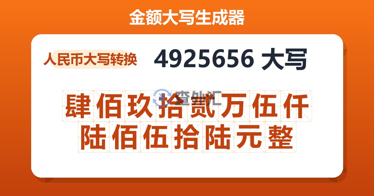 4925656大写 肆佰玖拾贰万伍仟陆佰伍拾陆元整